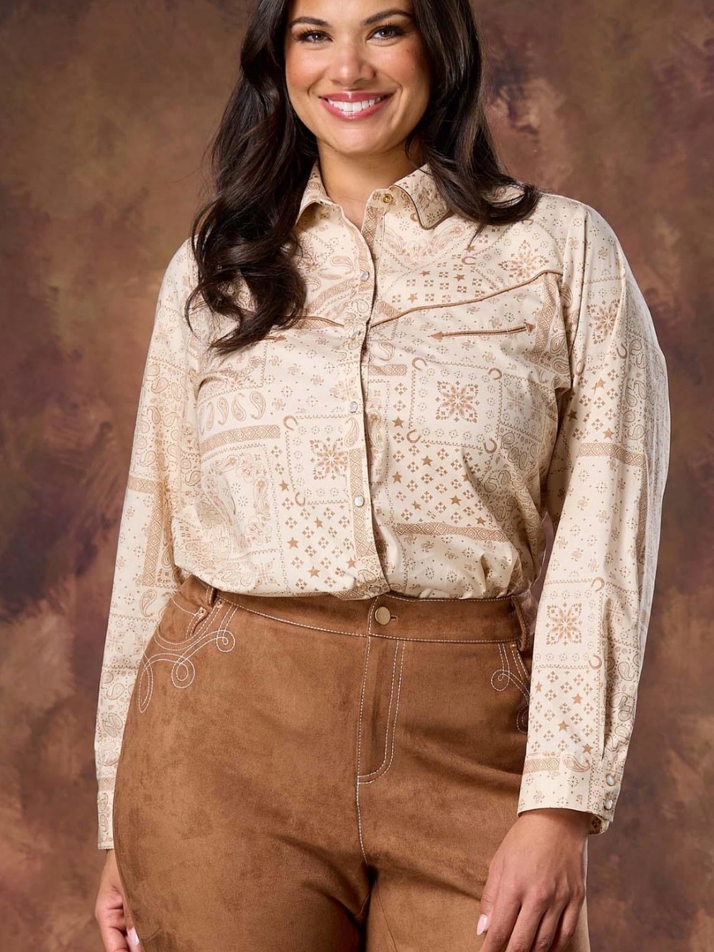 Cato Western dress shirt Beige Bandana Print Pearl snaps (B5)